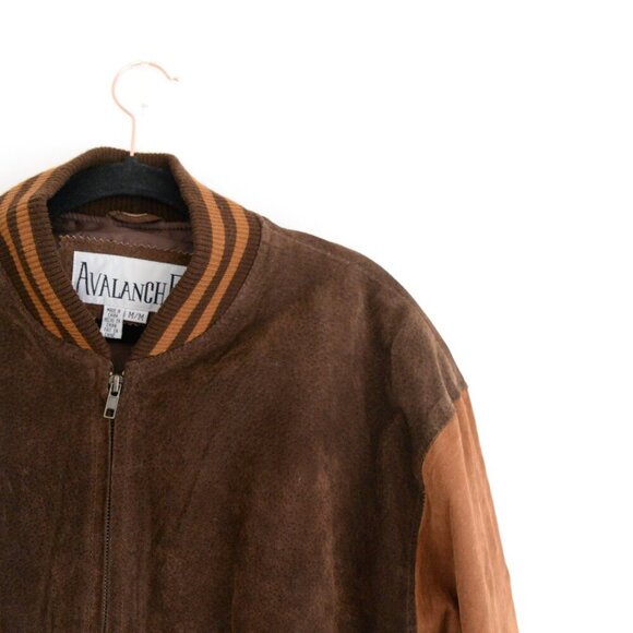 Vintage Avalanche Brown Tan 100% Suede Leather Lined ZipUp Bomber Varsity Jacket - Picture 11 of 16
